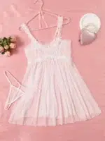 Ruffled Sheer Mesh Pleated Nightdress With Thong Lingerie Set - Image 8