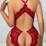 Romantic Deep V Lace Teddy – Backless Sheer Crotchless Lingerie Bodysuit with Bow Accent