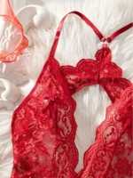 Romantic Deep V Lace Teddy – Backless Sheer Crotchless Lingerie Bodysuit with Bow Accent - Image 10