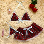 Halter Bra Top & Plaid Mini Skirt Lingerie Set With Matching Thong - Image 5