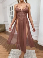 Floral Lace Split Mesh Gown Set – Elegant Two-Piece Nightdress - Image 11