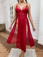 Floral Lace Split Mesh Gown Set – Elegant Two-Piece Nightdress - Image 3