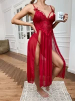 Floral Lace Split Mesh Gown Set – Elegant Two-Piece Nightdress - Image 5