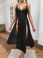 Floral Lace Split Mesh Gown Set – Elegant Two-Piece Nightdress - Image 9