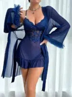 2PCS Lace Camisole Nightgown Set with 3D Floral Mesh Robe Sexy Fishbone Line Waist Lingerie Sleepwear - Image 14