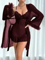2PCS Lace Camisole Nightgown Set with 3D Floral Mesh Robe Sexy Fishbone Line Waist Lingerie Sleepwear
