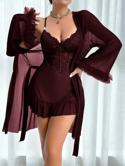 Burgundy 3 piece lace nightgown set with underwire cami, sheer mesh robe, and matching thong
