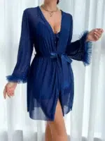 2PCS Lace Camisole Nightgown Set with 3D Floral Mesh Robe Sexy Fishbone Line Waist Lingerie Sleepwear - Image 16