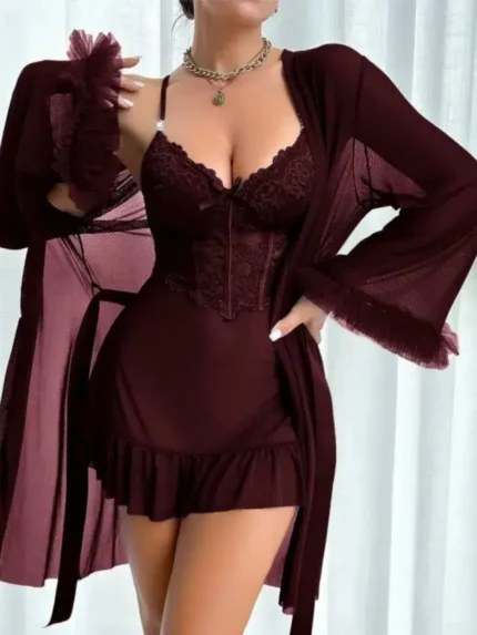 Burgundy 3 piece lace nightgown set with underwire cami, sheer mesh robe, and matching thong
