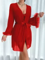 2PCS Lace Camisole Nightgown Set with 3D Floral Mesh Robe Sexy Fishbone Line Waist Lingerie Sleepwear - Image 10