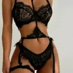 Black Floral Lace 4-Piece Lingerie Set with Harness Details
