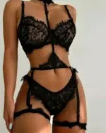 Black Floral Lace 4-Piece Lingerie Set with Harness Details