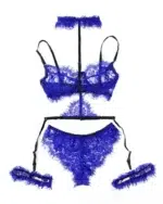 Black Floral Lace 4-Piece Lingerie Set with Harness Details - Image 9