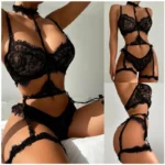 Black Floral Lace 4-Piece Lingerie Set with Harness Details - Image 5