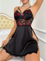 Black Satin & Lace Mini Nightdress with Embroidered Lip Details - Image 5