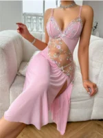 Backless Split Hem Embroidered Floral Contrast Mesh See-Through Night Dress With Thong - Image 5