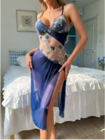 Backless Split Hem Embroidered Floral Contrast Mesh See-Through Night Dress With Thong - Image 8