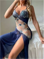 Backless Split Hem Embroidered Floral Contrast Mesh See-Through Night Dress With Thong - Image 10