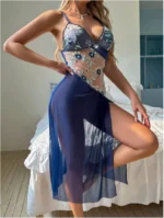 Backless Split Hem Embroidered Floral Contrast Mesh See-Through Night Dress With Thong - Image 11