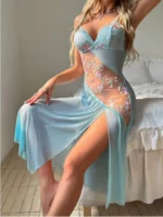 Backless Split Hem Embroidered Floral Contrast Mesh See-Through Night Dress With Thong - Image 15