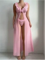 Sheer Mesh Maxi Nightdress Set with Floral Trim - Image 3