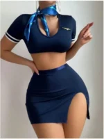 Navy Crop Top & High-Slit Mini Skirt Set with Short Sleeves - Image 4