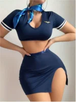 Navy Crop Top & High-Slit Mini Skirt Set with Short Sleeves - Image 5
