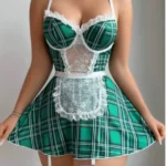 Green Plaid Lace Trim Mini Dress Set with Adjustable Straps and Garters