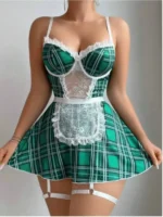 Green Plaid Lace Trim Mini Dress Set with Adjustable Straps and Garters