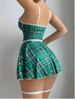 Green Plaid Lace Trim Mini Dress Set with Adjustable Straps and Garters - Image 3