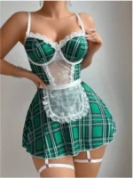 Green Plaid Lace Trim Mini Dress Set with Adjustable Straps and Garters - Image 5