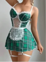 Green Plaid Lace Trim Mini Dress Set with Adjustable Straps and Garters - Image 6