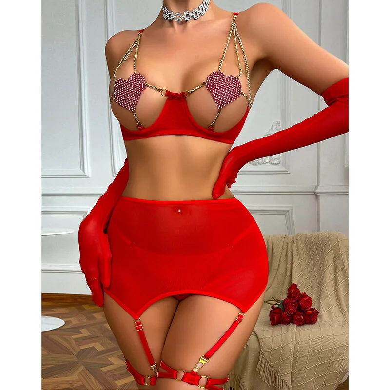 CHIC241229339-1 Rhinestone Heart Mesh Bra & Skirt & Thong Set with Adjustable Garters - Image 1