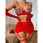 Rhinestone Heart Mesh Bra & Skirt & Thong Set with Adjustable Garters - Image 6