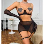 Rhinestone Heart Mesh Bra & Skirt & Thong Set with Adjustable Garters - Image 8