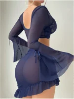 3-Piece Sheer Mesh & Lace Long Sleeve Underwrie Bra Top Mini Skirt Thong Lingerie Set - Image 3