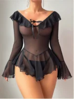 Sheer Lace Mesh Mini Dress Set Long Sleeve See-through Nightdress - Image 3