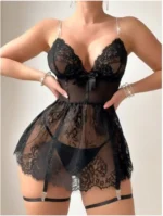 Lace Bowknot Decorated Babydoll With Garter Belt & Thong 2-Piece Lingerie Set - Image 5