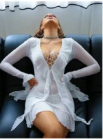 Sheer Lace-Up Ruffle Mesh Mini Dress With Thong – Long Sleeve Bodycon Cover-Up - Image 5