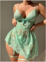 Lace Bowknot Decorated Babydoll With Garter Belt & Thong 2-Piece Lingerie Set - Image 14