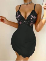 Lavender Floral Lace Mesh Patchwork Nightdress With Thong - Image 11