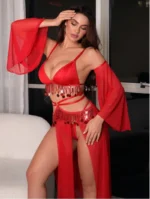 Red Sequin Fringe Mesh Bralette & High-Slit Skirt Set with Detachable Sheer Sleeves - Image 4