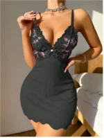 Lavender Floral Lace Mesh Patchwork Nightdress With Thong - Image 9