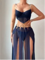 3-Piece Mesh Split Pants Set with Ring Details – Bra Top + Sheer High-Slit Pants + Panty - Image 6