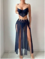 3-Piece Mesh Split Pants Set with Ring Details – Bra Top + Sheer High-Slit Pants + Panty - Image 3