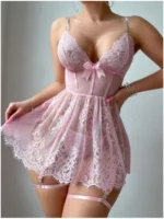 Lace Bowknot Decorated Babydoll With Garter Belt & Thong 2-Piece Lingerie Set - Image 10