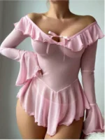 Sheer Lace Mesh Mini Dress Set Long Sleeve See-through Nightdress - Image 10