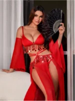 Red Sequin Fringe Mesh Bralette & High-Slit Skirt Set with Detachable Sheer Sleeves - Image 5