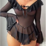 Sheer Lace Mesh Mini Dress Set Long Sleeve See-through Nightdress