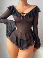 Sheer Lace Mesh Mini Dress Set Long Sleeve See-through Nightdress